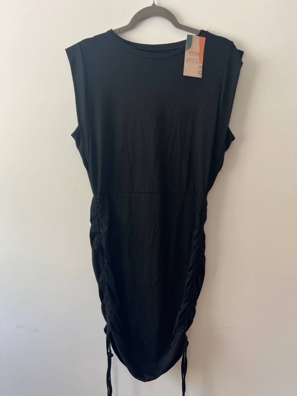 BTFBM, NWT, Black Drawstring Side Ruched Dress. One size. 18” pit to pit